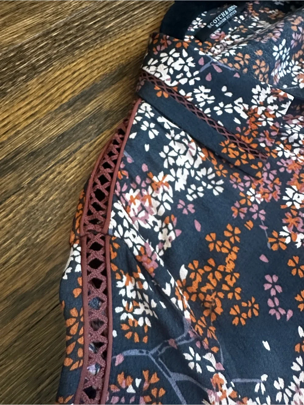 Scotch & Soda Black Floral Button-Front Long Sleeve Dress with Rust Accents